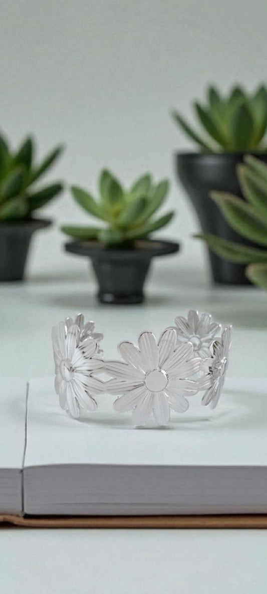 Bracelet fleur acier inoxydable 304, plaquer argent