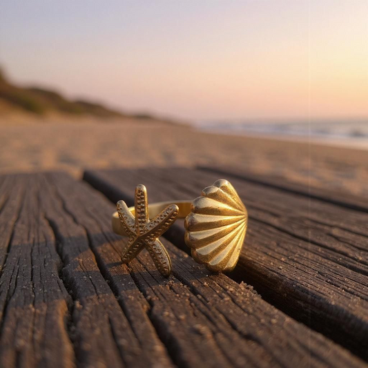 Bague avec coquillage et étoile de mer acier inoxydable 304