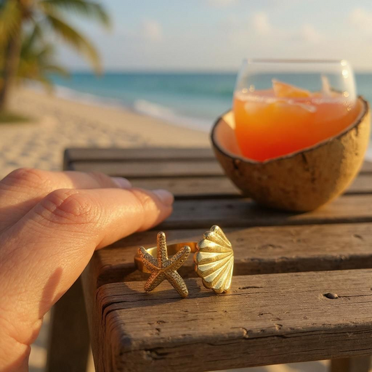 Bague avec coquillage et étoile de mer acier inoxydable 304